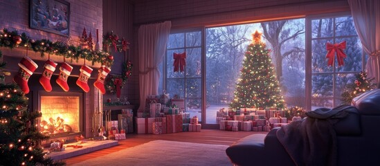 Naklejka premium A cozy Christmas living room with stockings hanging by the fireplace,