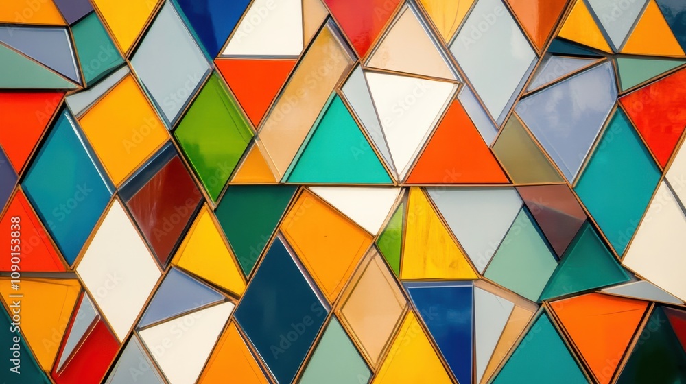 Poster an abstract portrayal of fragmented, colorful triangles forming a complex, cohesive pattern