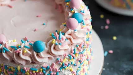 Pink Frosted Cake with Pastel Sprinkles and Candy Balls