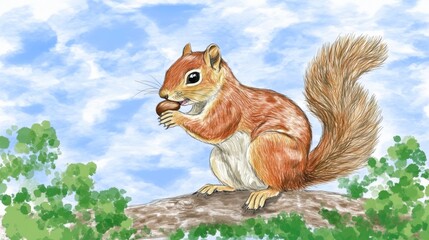 Fototapeta premium A colorful illustration of a squirrel holding an acorn on a branch against a blue sky.