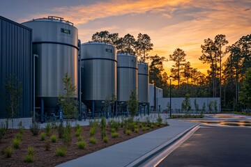 Obraz premium Industrial Sunset Modern Brewery or Distillery with Stainless Steel Fermentation Tanks