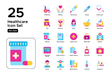 Fototapeta premium Healthcare Flat Icon Set: Medical Support, Emergency Services, and Hospital Networks Icons