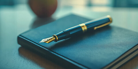 Fototapeta premium A fountain pen with gold trim, resting on top of an elegant black leather notebook, generative AI