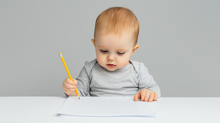 Little Artist: A curious baby intently scribbles on a notepad with a yellow pencil, showcasing the wonder of childhood imagination and the power of early learning. 