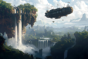 Fantasy Airship Over Floating Islands