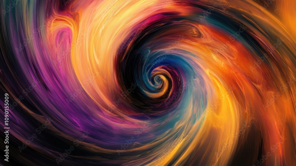 Poster an abstract representation of a vibrant, swirling vortex of colors emerging from a single, central s