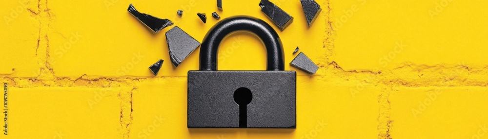Poster broken black padlock on yellow wall with shattered pieces symbolizing security breach and vulnerabil