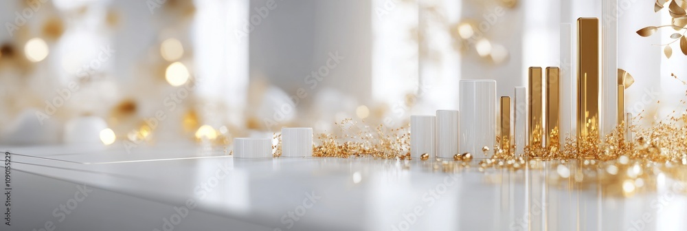 Leinwandbilder Abstract arrangement of white and gold bars on a reflective surface with a soft bokeh background.