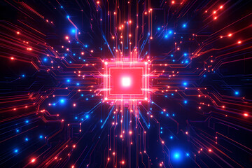 Neon Red and Blue Circuit Techno Background with Glowing Central Point