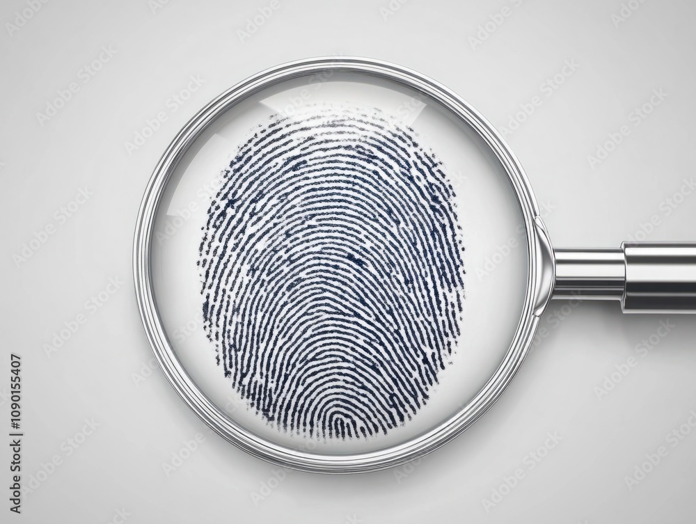 Poster close-up view of a detailed fingerprint under a magnifying glass, symbolizing identity, security, an