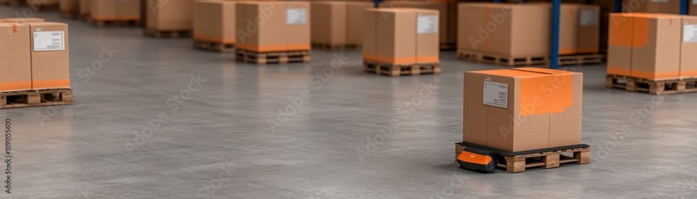 Poster efficient warehouse management with palletized boxes on a smooth concrete floor driven by a handheld