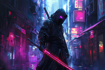 Cyber Samurai with Glowing Katana in Neon Alley - Gaming Wallpaper