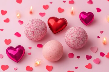 Fototapeta premium A delightful arrangement of colorful bath bombs alongside a heart-shaped candle, set against a soft pink backdrop, perfect for a romantic Valentine's Day ambiance.