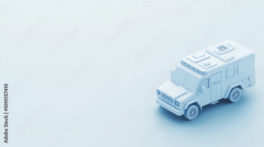 Poster a minimalist white model of an emergency vehicle on a light background.