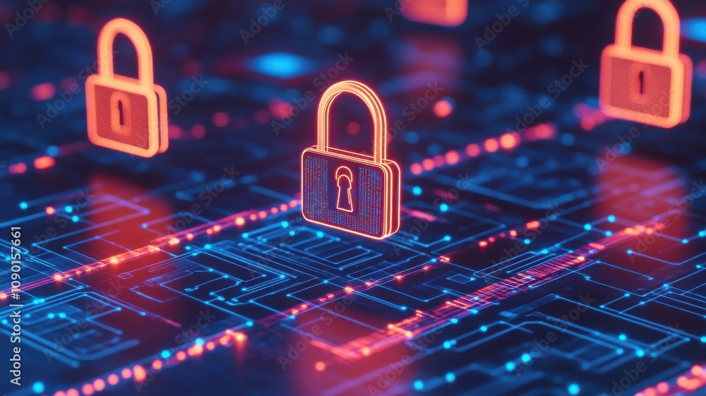 Poster digital locks symbolizing cybersecurity and data protection.