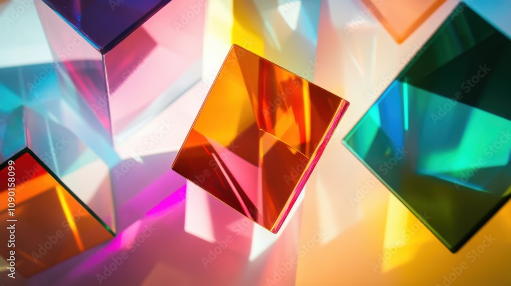 Poster An abstract visual of floating, variedly colored prisms casting reflections and creating a vibrant interplay of light, Representing the multifaceted and reflective nature of inclusive environments
