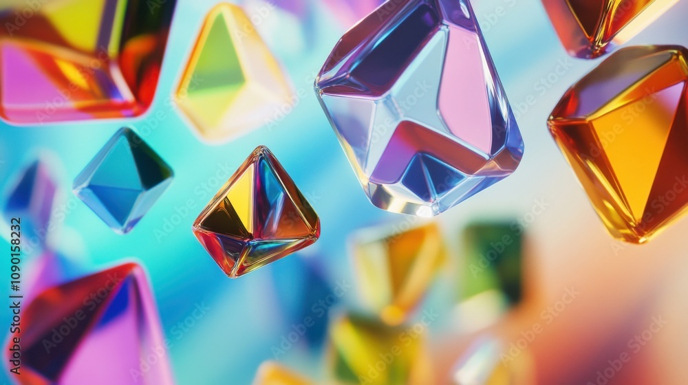 Poster An abstract visual of floating, variedly colored prisms casting reflections and creating a vibrant interplay of light, Representing the multifaceted and reflective nature of inclusive environments