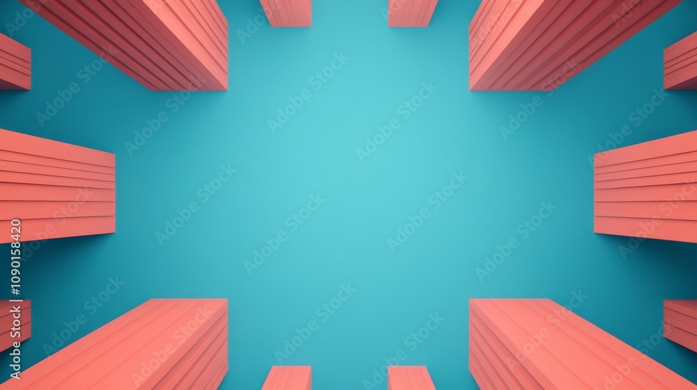 Poster coral columns abstract: minimalist 3d render of coral-colored columns forming a frame against a teal