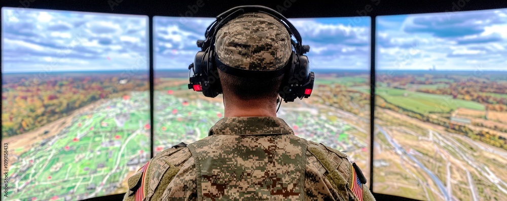 Poster soldier engaged in advanced simulation training with multiple screens displaying realistic digital t