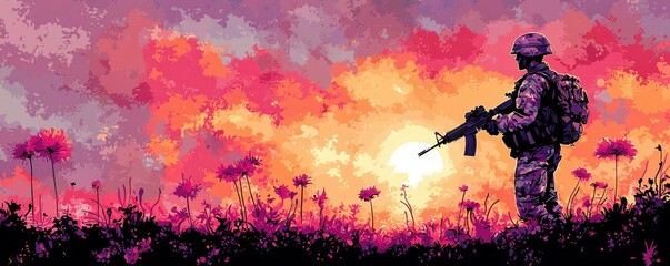 Fototapeta premium Silhouette of a Soldier Standing in Colorful Field During Sunset with Vibrant Flowers Surrounded by Dramatic Sky and Warm Colors in the Background