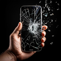 手に持てるスマートフォンの画面が割れてガラスが飛び散ってる瞬間のスローモーション