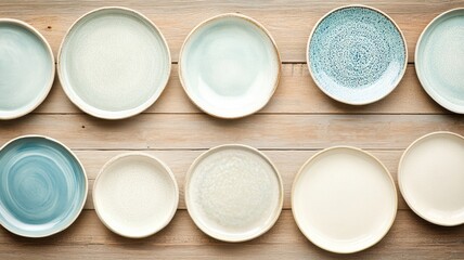 Elegant ceramic plates arranged on a wooden surface.