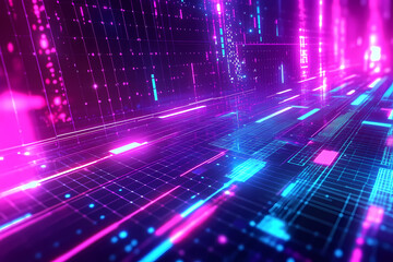 Retro Techno Pixelated Glitch Background with Neon Grid