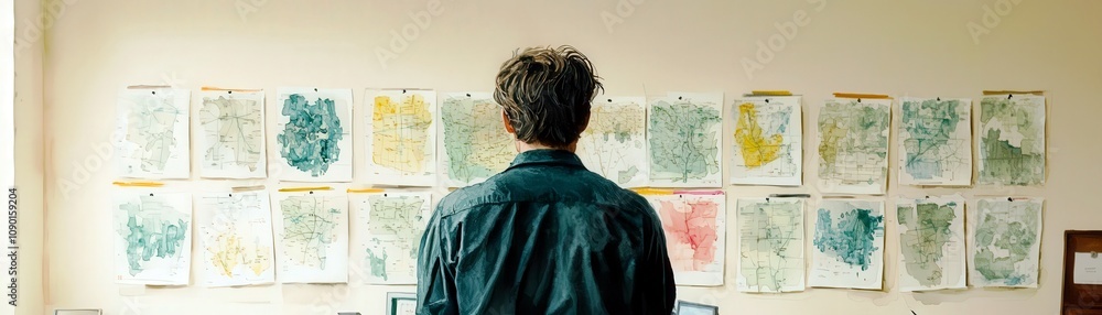 Aufkleber thoughtful individual analyzing colorful illustrations in a creative workspace with maps and art on 