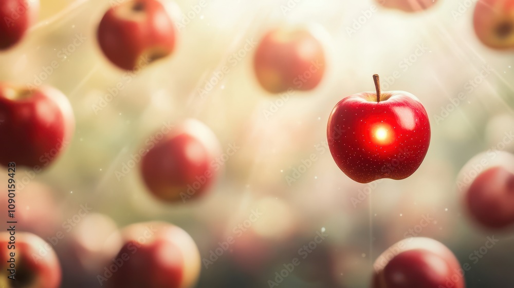 Poster floating apples in a dreamy atmosphere with soft lighting.