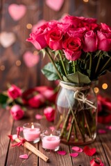 Obraz premium A romantic table setting featuring a vase of pink roses surrounded by flickering candles, perfect for celebrating love on Valentine's Day.