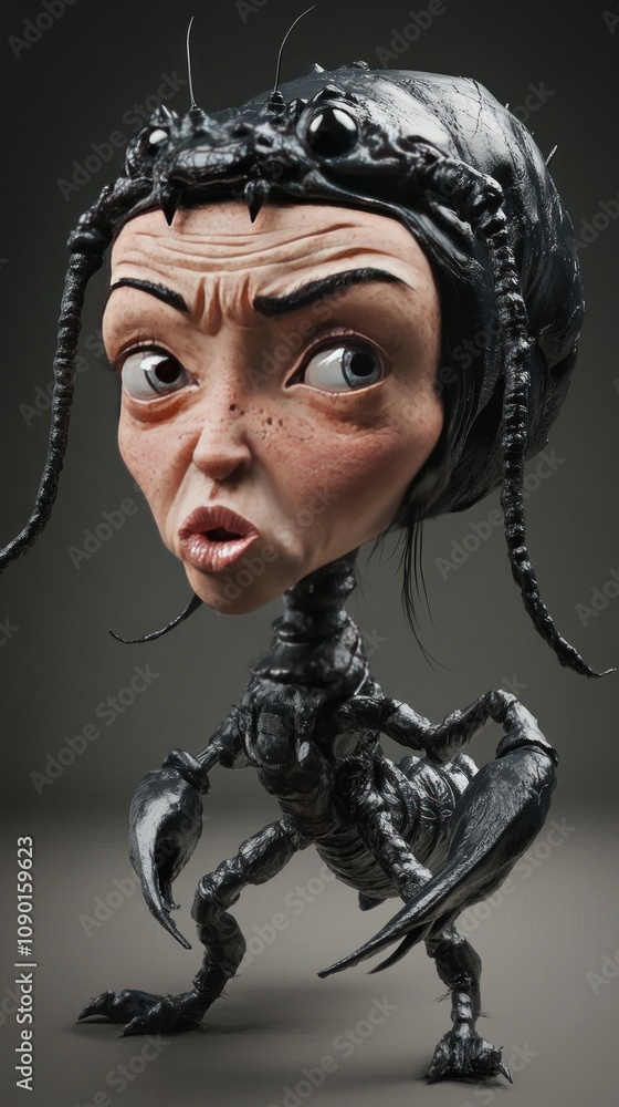 Poster a stylized character with an exaggerated head and insect-like body, blending human and bug features.