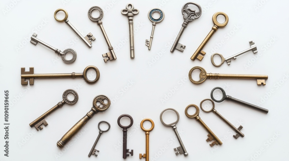 Poster An array of different keys arranged in a circle, Representing the unlocking of potential through diversity, minimalistic style