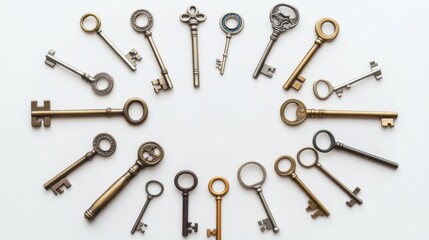 Naklejka premium An array of different keys arranged in a circle, Representing the unlocking of potential through diversity, minimalistic style