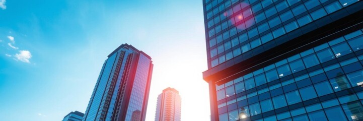 Fototapeta premium Modern office building with sleek glass facade against a clear blue sky, office park, glass facade, financial