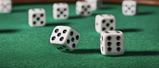 Close-up of rolling dice on green felt surface.
