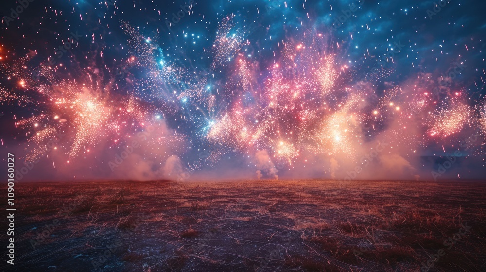 Poster a vibrant display of fireworks explodes in the night sky, creating a dazzling spectacle over a field