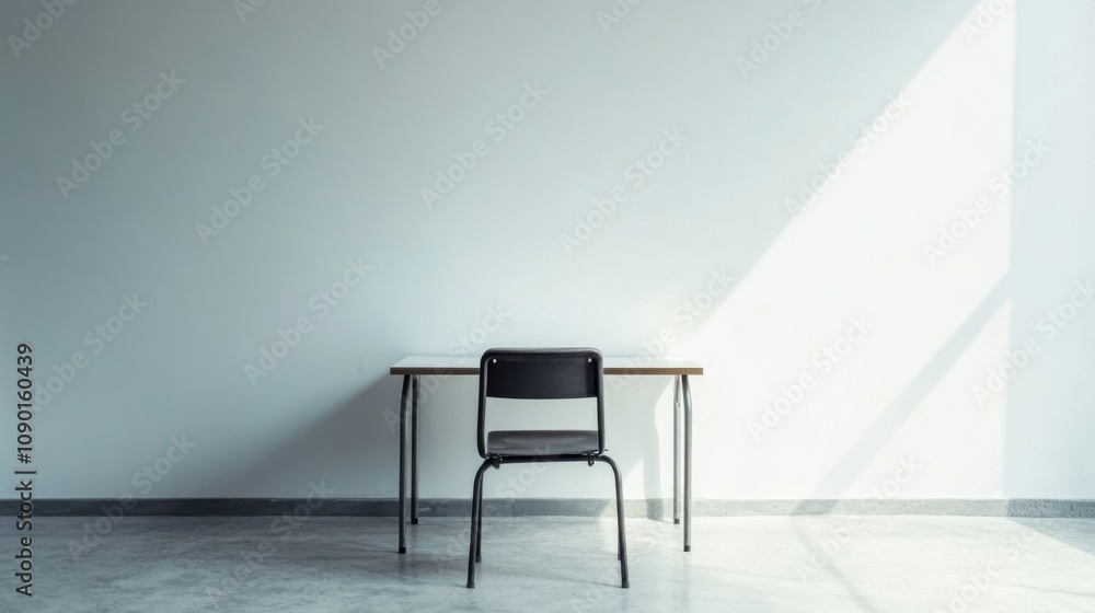 Poster an empty classroom with a single desk and chair, depicting the impact of educational inequality and 
