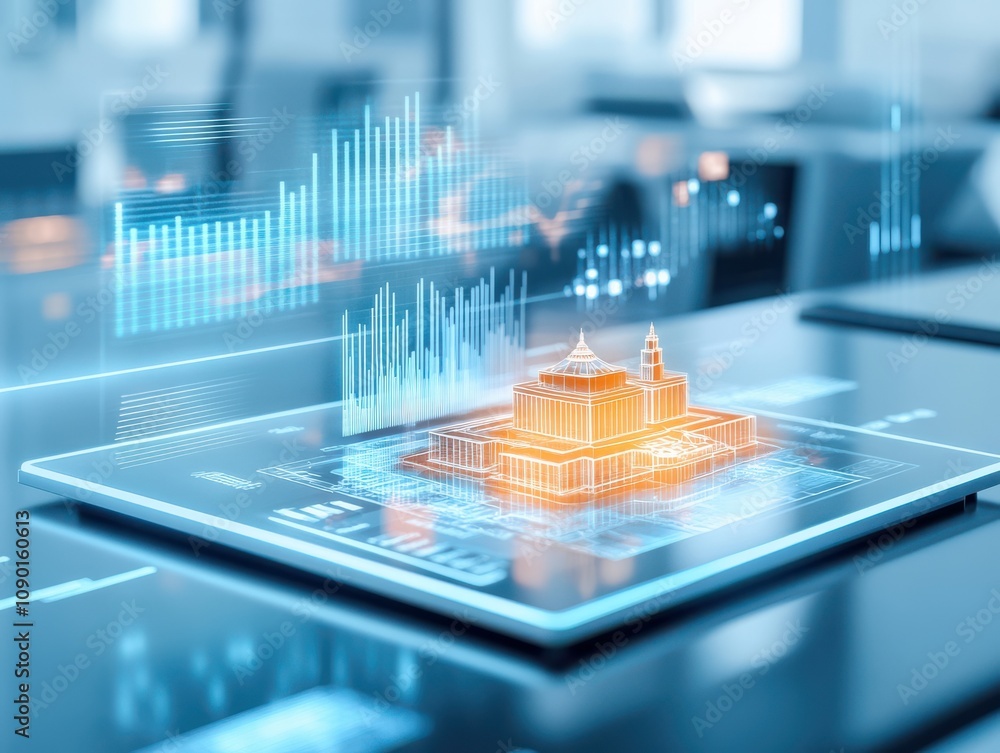 Poster futuristic building model with digital analytics overlay.
