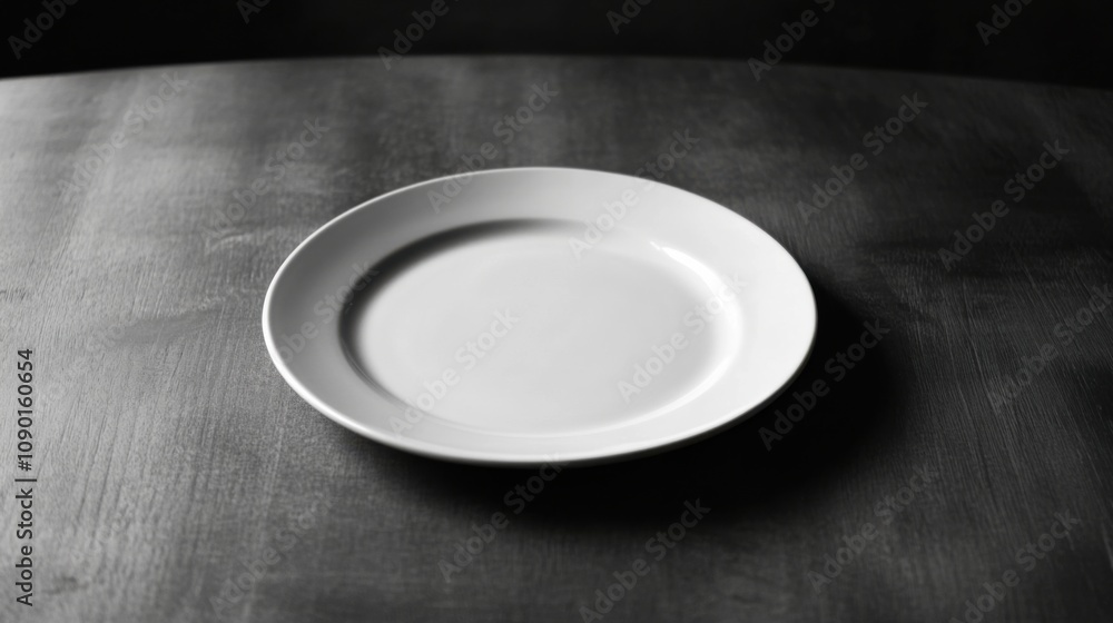 Aufkleber an empty plate on a simple table, symbolizing the issue of hunger and food insecurity, minimalistic 
