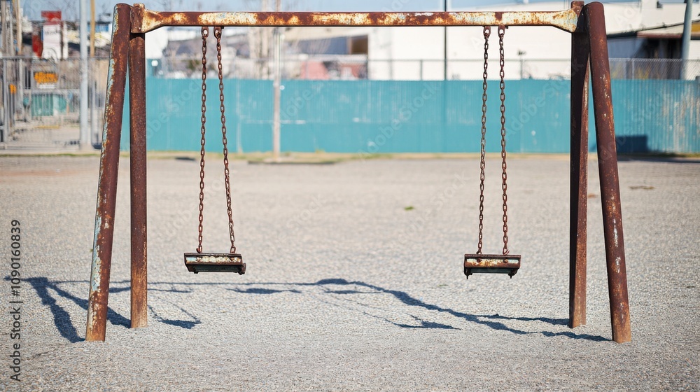 Poster An empty playground with rusted swings and faded colors representing the impact of poverty on children鈥檚 play, emphasizing the neglect and lack of resources, minimalist composition
