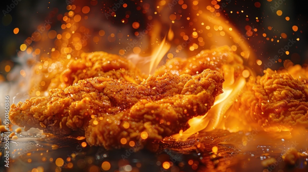 Poster crispy fried chicken with flames and sparks in a dynamic setting.
