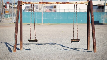 An empty playground with rusted swings and faded colors representing the impact of poverty on children鈥檚 play, emphasizing the neglect and lack of resources, minimalist composition