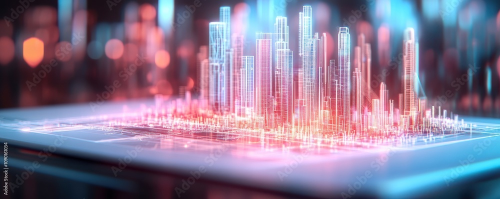 Poster futuristic cityscape visualization with glowing structures.