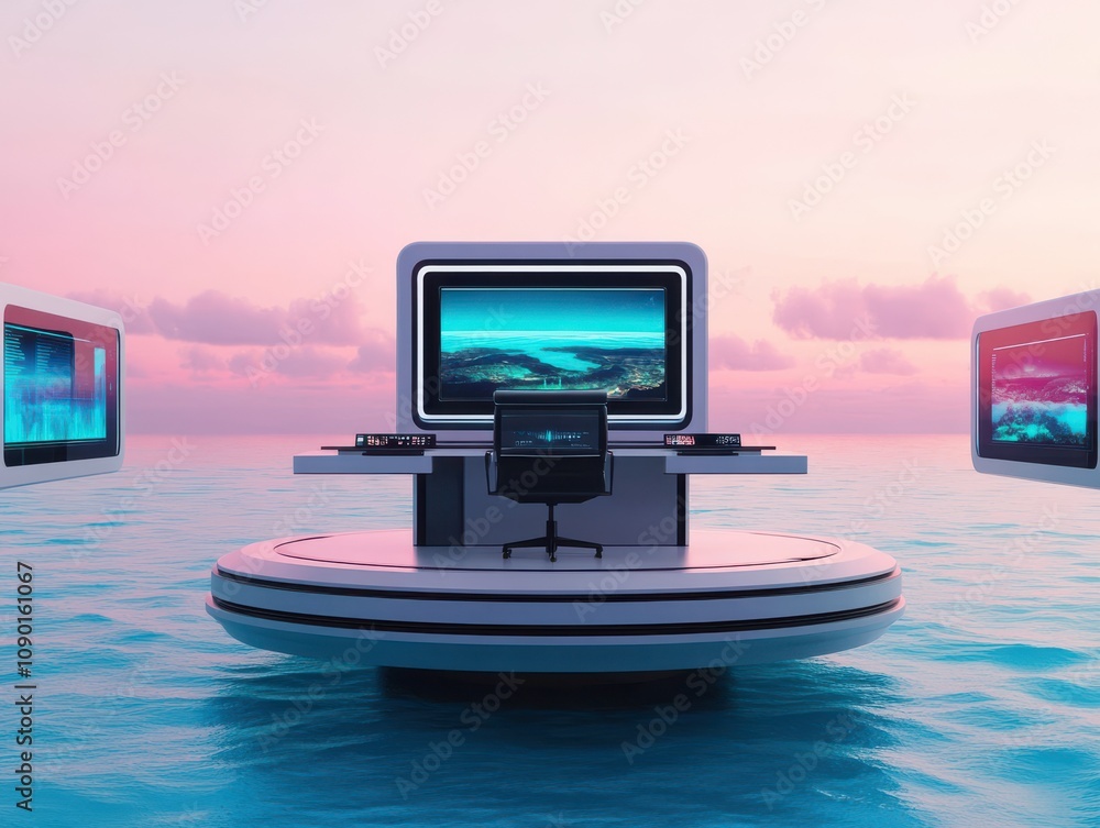 Poster futuristic computer setup floating on water in vibrant colors.