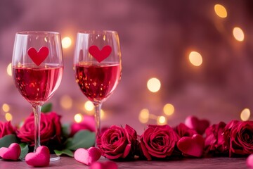 Two elegantly designed wine glasses adorned with heart motifs, symbolizing romance and celebration, perfect for a Valentine's Day toast between loved ones.