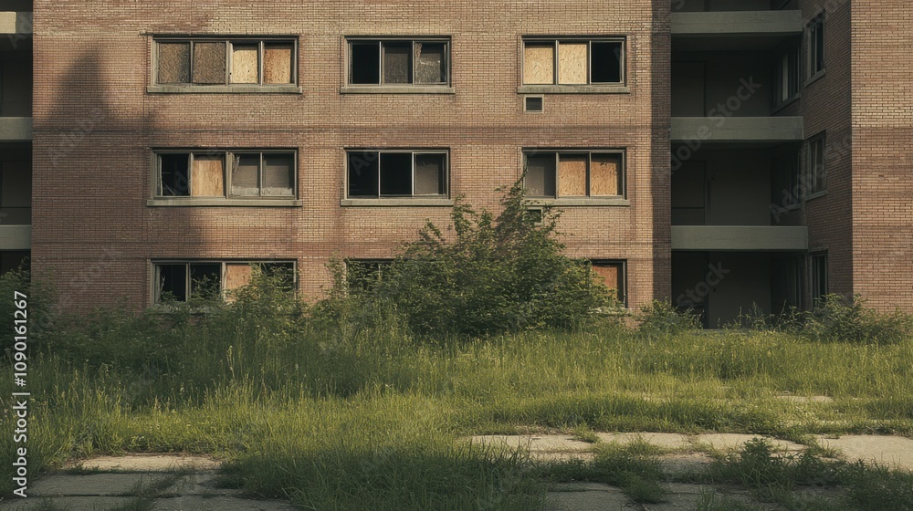 Poster an empty public housing complex with boarded-up windows and overgrown weeds, symbolizing the impact 