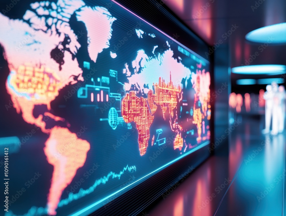 Poster futuristic digital map visualization in a modern setting.