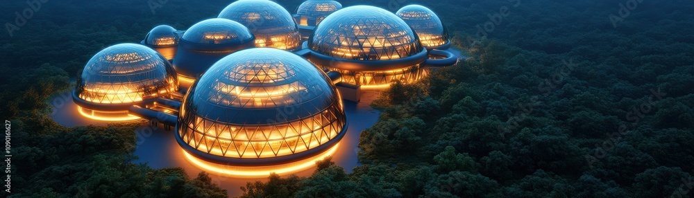 Poster futuristic domed structures illuminated in a serene forest setting.