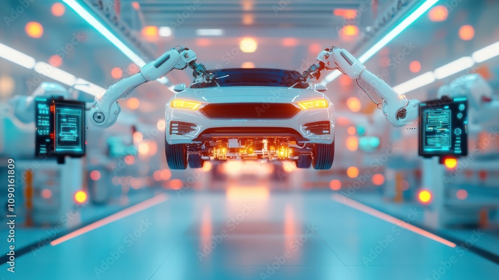 Poster futuristic factory scene with robotic arms assembling a car.