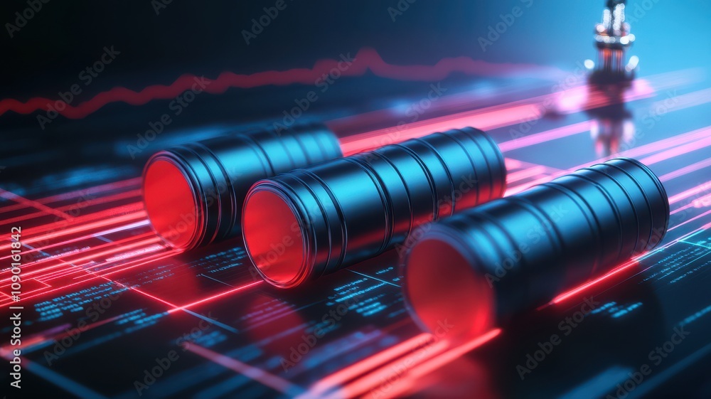 Poster futuristic financial analysis with glowing data and trading objects.